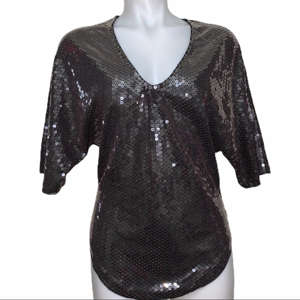 LaROK Black Sequined Short Sleeve V Neck Top XS
